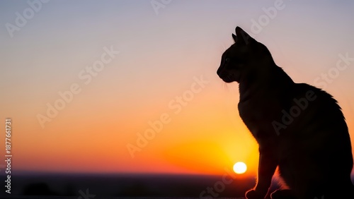 Cat silhouette sitting against vibrant sunset sky with orange and purple hues. Peaceful feline profile watching horizon during golden hour twilight moment.
