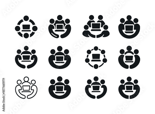 Digital Nomad Icons. Digital Nomad Communities and Remote Workspaces. Icon set. Set Logo of digital nomad communities and remote workspaces: community meetup