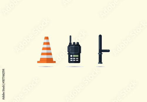 Vector Flat Concept Flat vector icon set of police and security equipment - traffic cone, walkie-talkie, and tonfa baton.