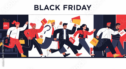 People Running with Shopping Bags Black Friday.