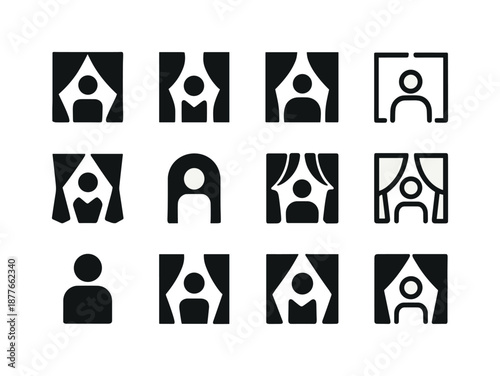 Backstage Performer Logos. performers backstage. Icon set. Set Logo of performers backstage: stage wings. harmonious logo variations of the same emblematic