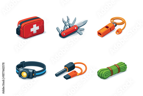 Isometric Survival Kit Icons. Survival Kit. Isometric flat vector icons set of survival kit: first aid kit pouch, multi-tool knife, emergency whistle, headlamp