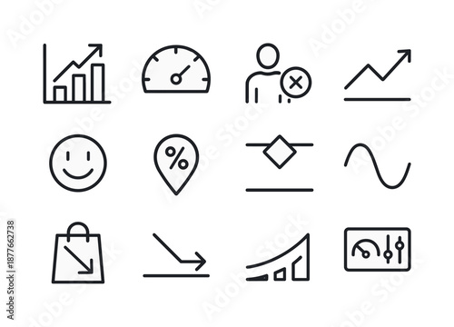 Economic Icons Grid. Economic Indicators. Line icon set of Economic Indicators: GDP chart, inflation meter, unemployment icon, consumer spending graph,