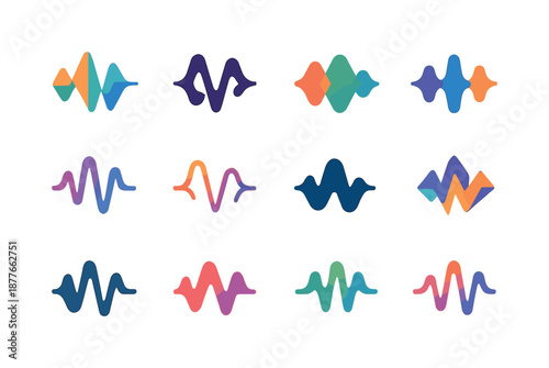 Sound Icons Harmony. Abstract shapes and colors representing sound. Icon set. Set Logo of abstract shapes and colors representing sound: oscillating wave line.