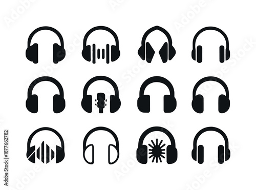 Indie Music Icons. Indie music. Icon set. Set Logo of indie music: headphone silhouette. harmonious logo variations of the same emblematic concept, each with