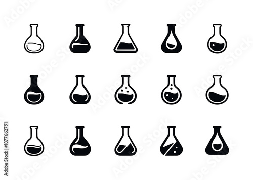 Volumetric Flask Icons Grid. volumetric flasks. Icon set. Set Logo of volumetric flasks: stylized flask detail. harmonious logo variations of the