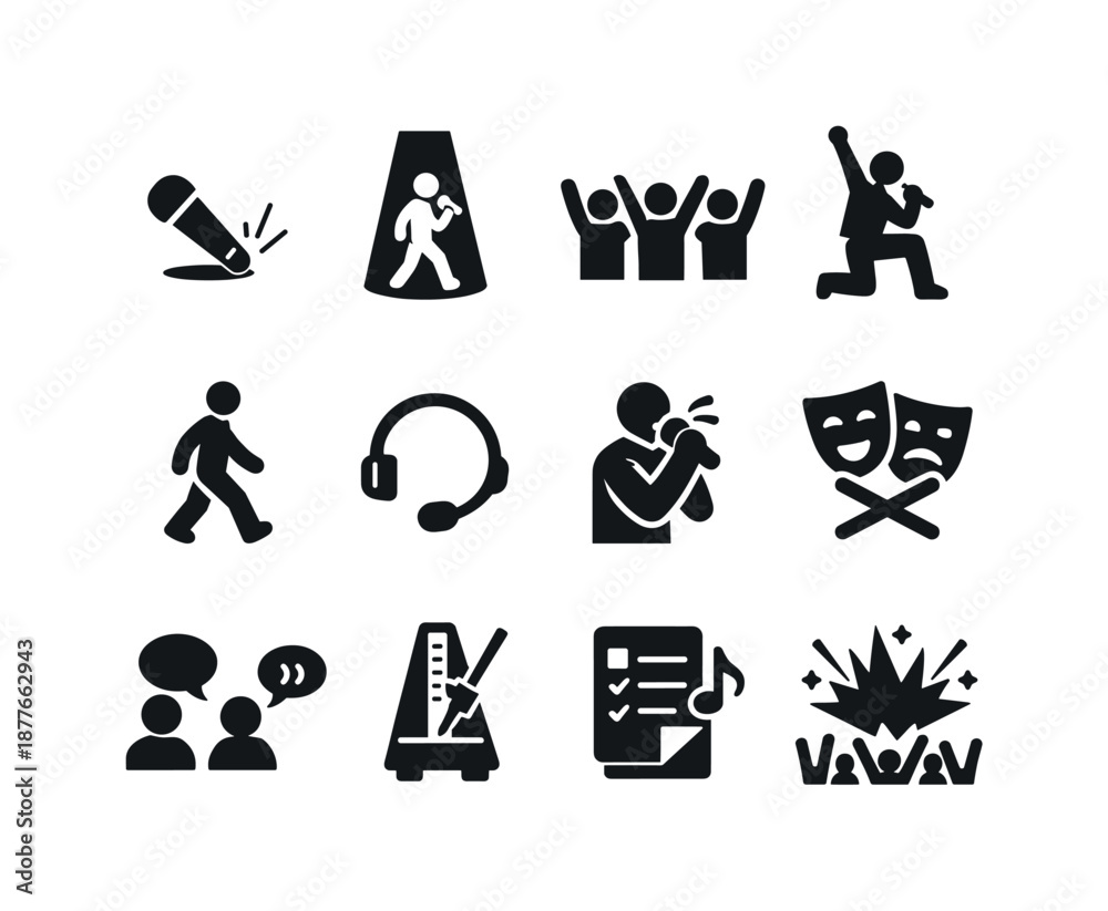 custom made wallpaper toronto digitalLive Performance Icons. Live performance dynamics. Solid icon set of Live performance dynamics: mic drop icon, vocal spotlight, front-row energy, dramatic