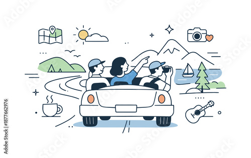 Minimalist Road Trip. Travel adventure by car. A group enjoying the road ahead, sharing moments and scenery along the drive. Calm travel rhythm and friendly