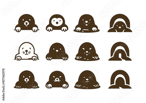 Mole Logo Variations. Mole. Icon set. Set Logo of mole: burrow entrance. harmonious logo variations of the same emblematic concept, each with different