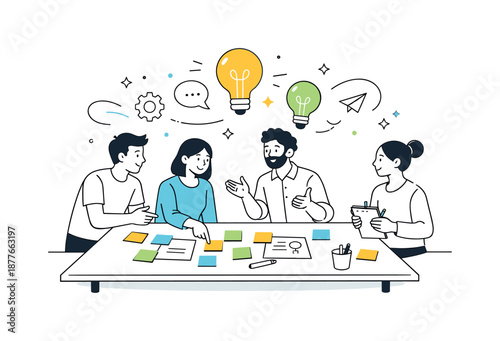 Diverse Innovation Session. Innovation workshop session. A diverse team gathered around a table covered with sticky notes and sketches. Active ideation and