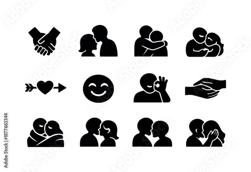Affection Gesture Icons. Affection gestures. Solid icon set of Affection gestures: holding hands, forehead kiss icon, warm hug, cuddling symbol, heart arrow,