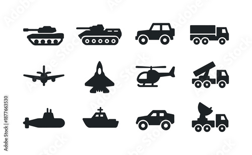 Military Vehicles Icons. Military vehicles. Solid icon set of military vehicles: tank, armored personnel carrier, jeep, transport truck, drone, fighter jet,