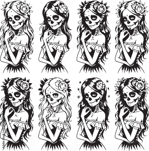 set of sugar skull women with flowers in hair