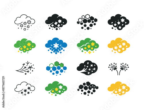 Spring Allergy Icons. Spring allergies. Icon set. Set Logo of spring allergies: pollen cloud. harmonious logo variations: Minimal outline, Filled silhouette,