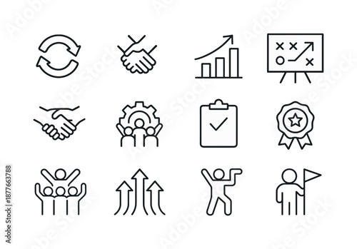 Synergy Icons Grid. Synergy & Results. Line icon set of Synergy & Results: synergy symbol, cooperation hands, growth chart, team strategy, mutual support,
