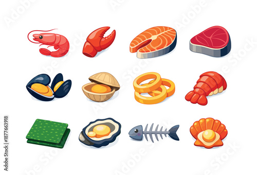 Colorful Seafood Icons. Seafood. Colorful flat vector icons set of seafood: shrimp, crab claw, salmon fillet, tuna steak, mussels, clams, squid ring, lobster