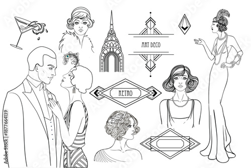 Black and white Art Deco vector set inspired by the Great Gatsby era. Decorative geometric frames and elements featuring men, women, fashion, cocktails, and vintage cars in elegant 1920s style.