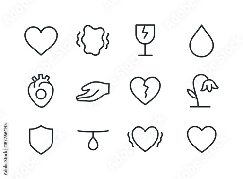 Emotional Icons Outline. Emotional vulnerability. Line icon set of Emotional vulnerability: open heart, trembling outline, fragile symbol, soft teardrop,