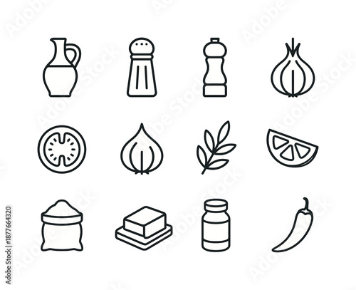 Culinary Icons Collection. Culinary ingredients. Line icon set of Culinary ingredients: olive oil bottle, salt shaker, pepper grinder, onion bulb, tomato
