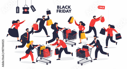 Cartoon People Shopping on Black Friday Sale.