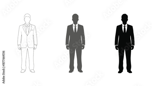 Set of three businessman silhouettes in suits, showing outline, gray fill and solid black fill variations