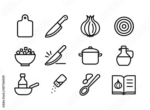 Kitchen Line Icon Set. Onion. Line icon set of kitchen prep: cutting board, kitchen knife, onion slice, diced bowl, chopping motion lines, cooking pot, saute