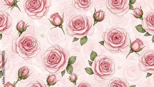 A seamless pattern featuring delicate pink roses and budding rose blossoms