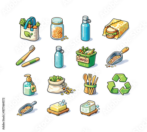 Plastic-Free Icons Collection. Plastic-Free Lifestyle. Colorful isometric vector icons set of Plastic-Free Lifestyle: reusable bag, glass jar, bamboo