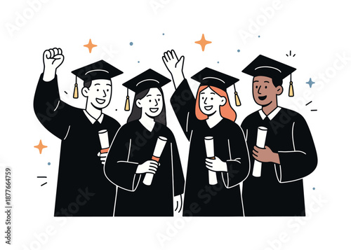 Graduation Celebration. University graduation. Happy graduates in gowns holding diplomas and celebrating achievement. Positive and calm success atmosphere with