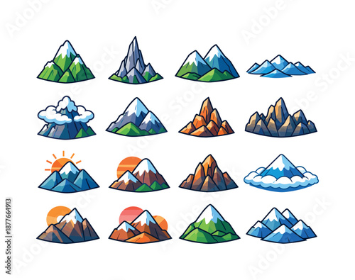 Colorful Mountain Icons. Mountain Peaks. Colorful isometric vector icons set of Mountain Peaks: tall summit peak, sharp spire, twin peaks, distant peak line,