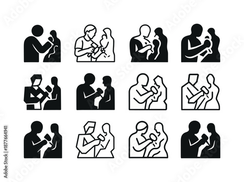 Sculptor Emblem Icons. Sculptors shaping their creations. Icon set. Set Logo of Sculptors shaping their creations: hand carving stone block. harmonious logo