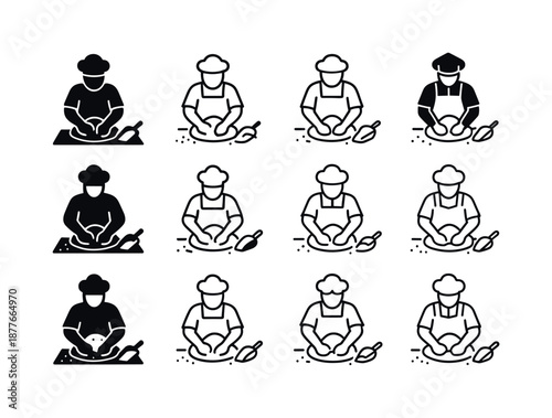 Baker Logo Variations. A baker kneading dough by hand on a flour-covered surface. Icon set. Set Logo of a baker kneading dough by hand on a flour-covered