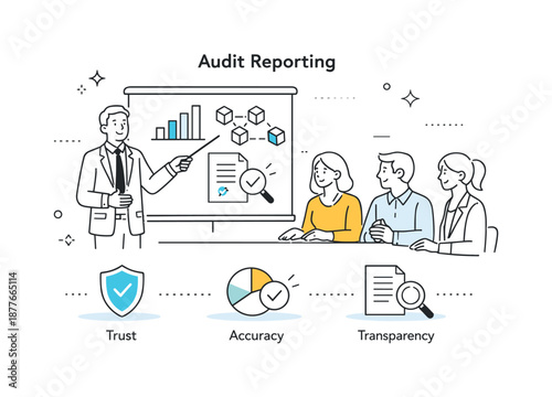 Blockchain Audit Presentation. Audit reporting and insights. Auditor presenting clear findings from blockchain data to stakeholders. Calm