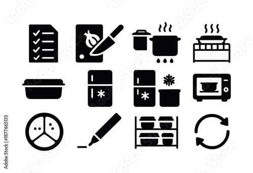 Meal Prep Icons. Meal prep workflow. Solid icon set of meal prep workflow: ingredients list, chopping icon, cooking pot, cooling rack, packing container,