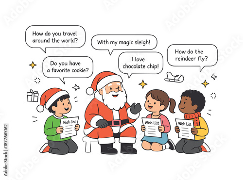 Children Discussing Wishes. Santa Claus with children conversation. Children talking to Santa while holding wish lists. Curious questions and friendly festive