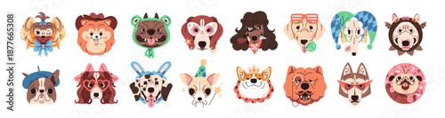 Different dog breeds avatars set. Portraits of cute puppies in various Halloween costumes. Funny faces of pups. Amusing muzzles of pets. Flat isolated vector illustrations on white background
