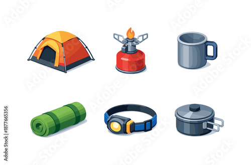 Camping Gear Icons. Camping Equipment. Isometric flat vector icons set of Camping Equipment: camping tent with poles, gas canister stove, metal camping mug,