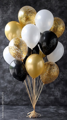 A garland of shiny gold and white balls is placed on a dark surface, creating a festive look for decoration