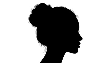 Black silhouette of a womans head in profile with hair in a bun on transparent background