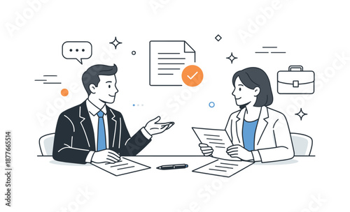 Confident Business Dialogue. Formal business negotiation. Two professionals discussing terms across a table with simple documents. Calm confident interaction