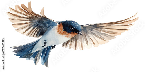 Graceful swallow painted in soft watercolor style, flying with spread wings, isolated on transparent background, perfect for spring cards and botanical design projects.