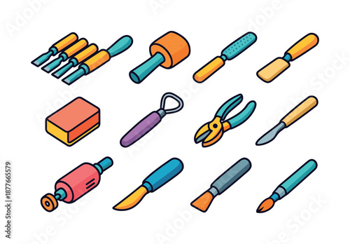 Colorful Sculpting Tool Icons. Sculpting tools. Colorful isometric vector icons set of sculpting tools: chisel set, mallet, rasp, sandpaper block, loop tool,