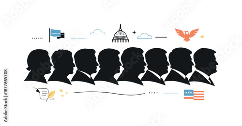 Presidential Silhouette Legacy. US presidents silhouette illustration. Clean side-profile silhouettes of different presidential figures aligned in a row,