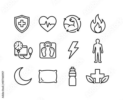 Sleep Health Icons. Sleep and physical health. Line icon set of sleep and physical health: immune shield, heart rate, muscle recovery, metabolism flame, blood