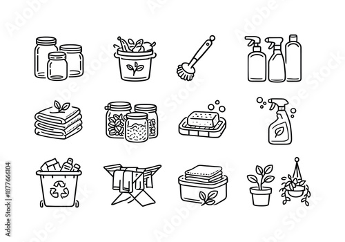 Zero-Waste Icon Set. Zero-Waste Home. Line icon set of Zero-Waste Home: glass containers, compost pail, wooden brush, refill bottles, cloth towels, bulk food