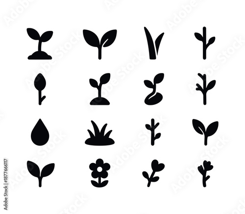 Spring Growth Icons. Spring growth. Solid icon set of Spring growth: new sprout, twin leaves, fresh blade, small bud, rising stem, sapling, seed icon, dew
