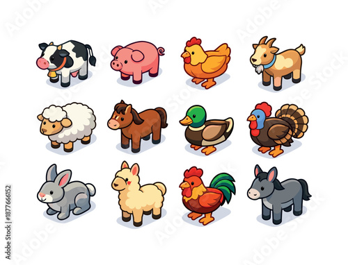 Colorful Farm Animal Icons. Farm animals. Colorful isometric vector icons set of farm animals: cow, pig, chicken, goat, sheep, horse, duck, turkey, rabbit,
