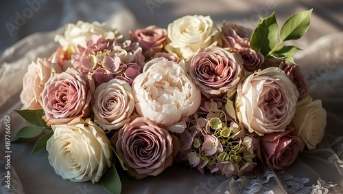 A beautiful bouquet of roses and peonies in soft pastel shades