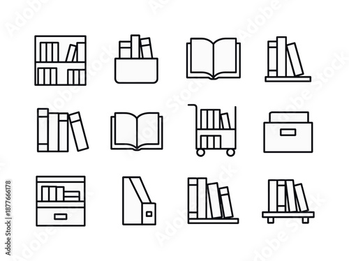Book Storage Icons. Book storage. Line icon set of Book storage: bookshelf, book bin, book stack, leaning book, open book, book cart, archive drawer, magazine