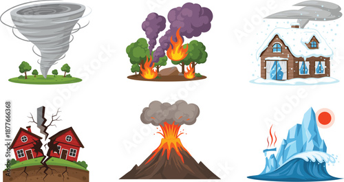 Natural disaster vector set with tornado wildfire snowstorm earthquake volcano eruption and melting glacier illustrations